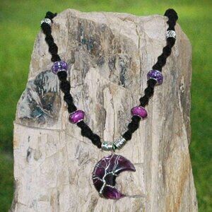 Amethyst Wire Wrapped Tree of Life Crescent Moon on a 20" Black Hemp Necklace